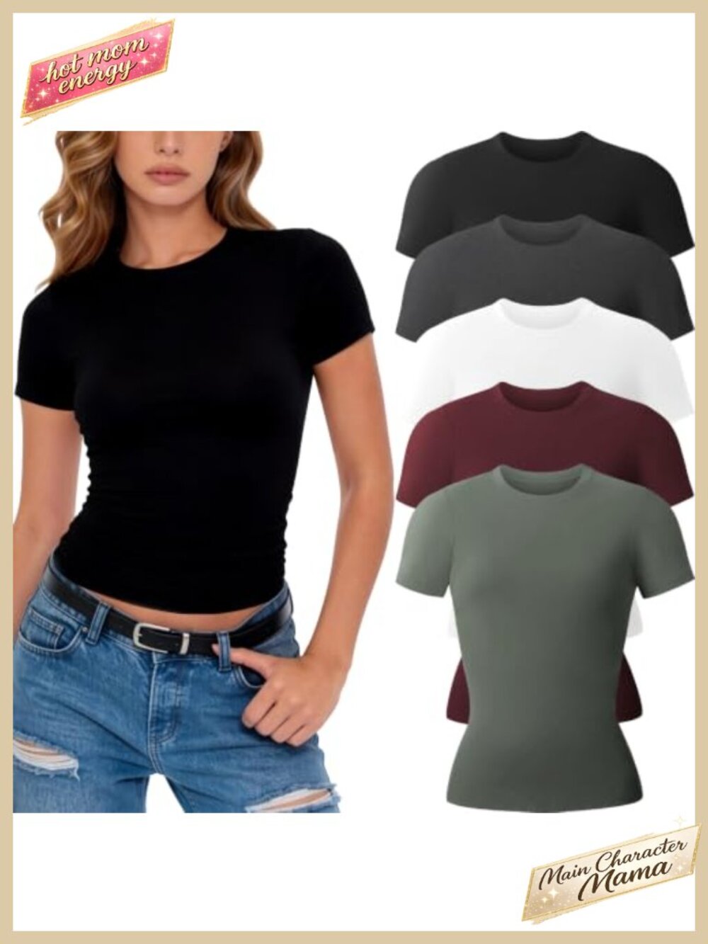 Womens Crew Neck Short Sleeve Fitted Stretchy Basic Tee Tops